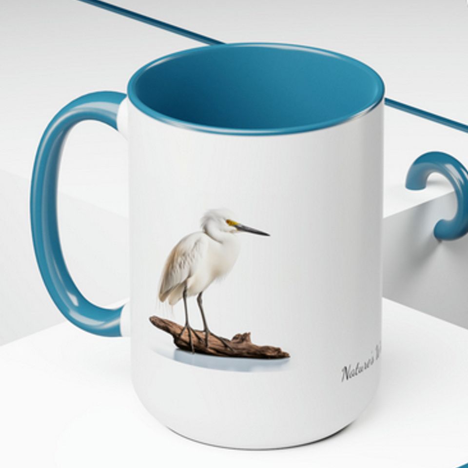 Snowy egret on mug blue inside