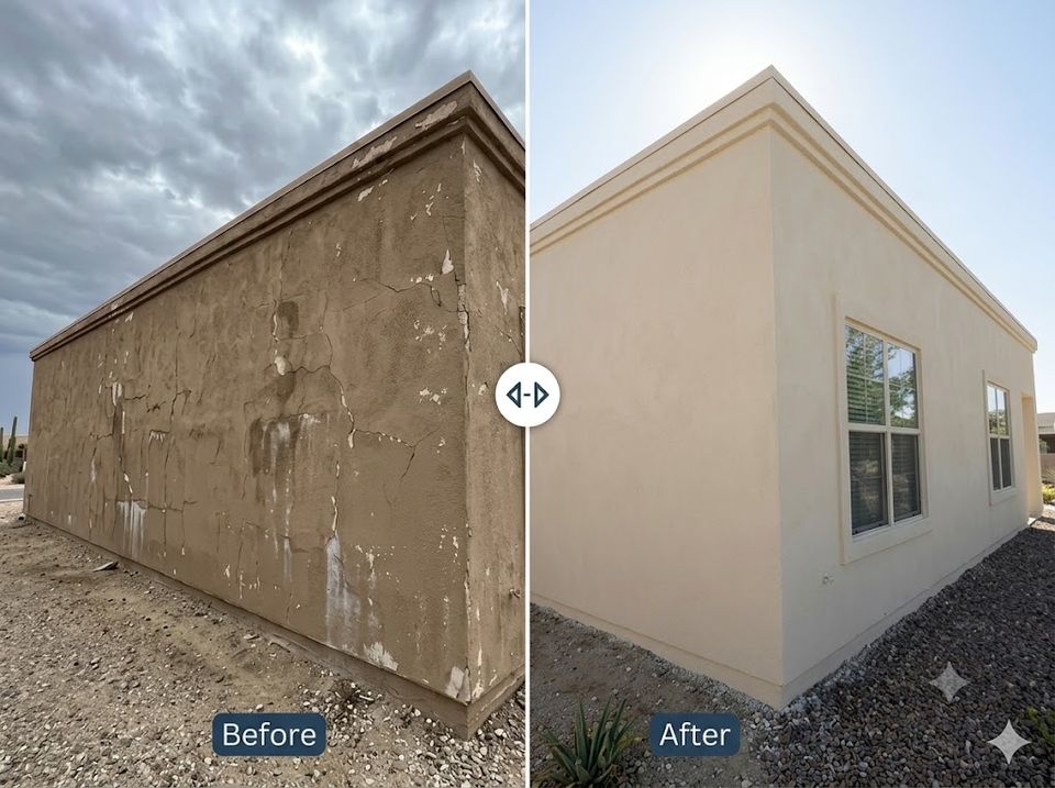 Before and after residential stucco restoration showing damaged exterior wall repaired with smooth finish stucco