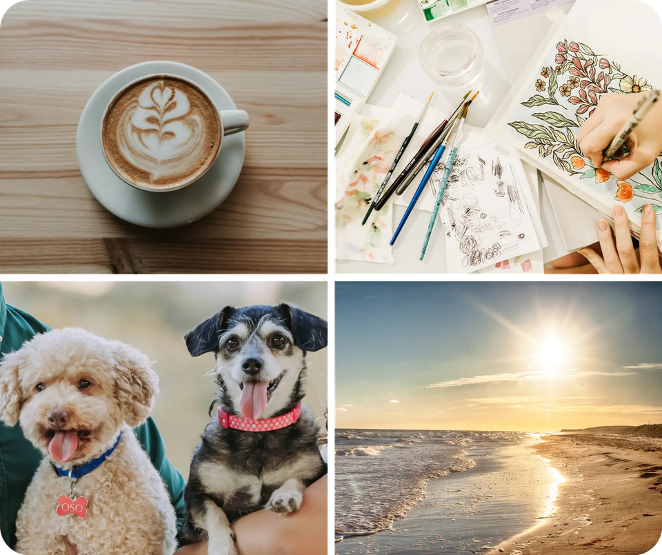 Collage showing favorite drink White Chocolate Mocha Latte, coloring and painting as creative outlets, pets Oso and Luna with stray cats, and relaxing at the beach