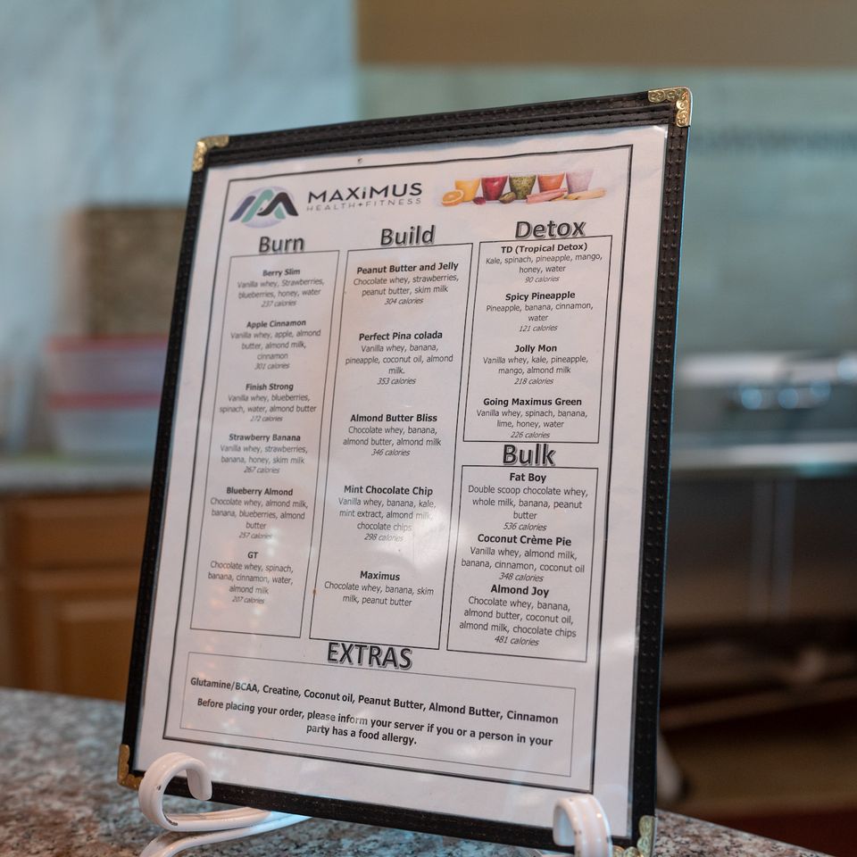 The smoothie menu at Maximus Gym in Riverhead
