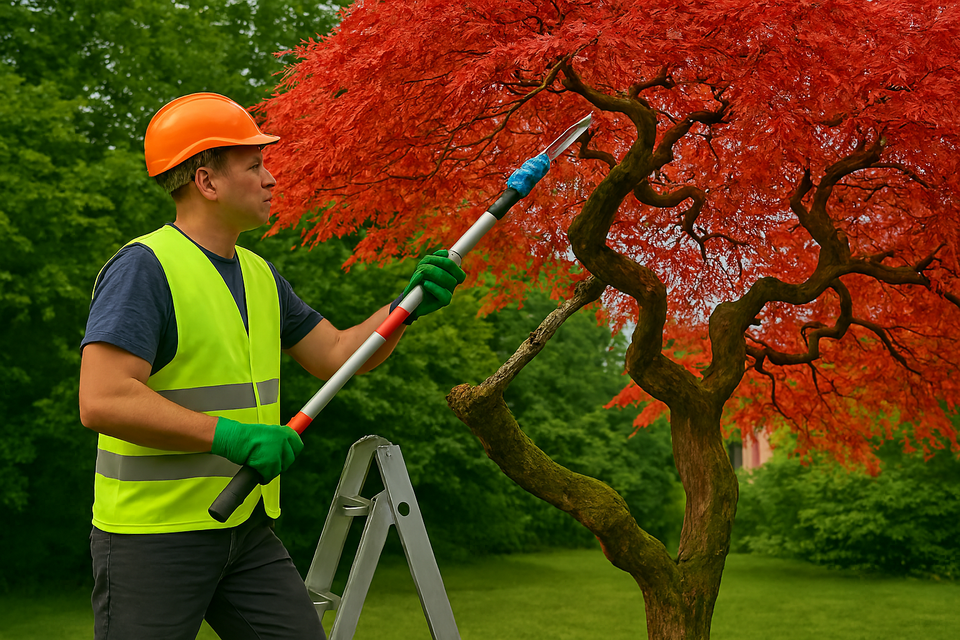 Japanese Maple tree services in a residential yard with a professional arborist using a pole saw to prune red foliage while standing on a ladder