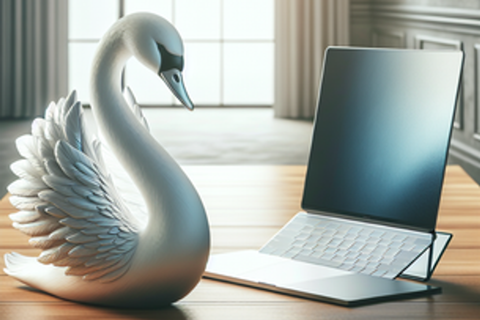 White Swan bird in front of a laptop