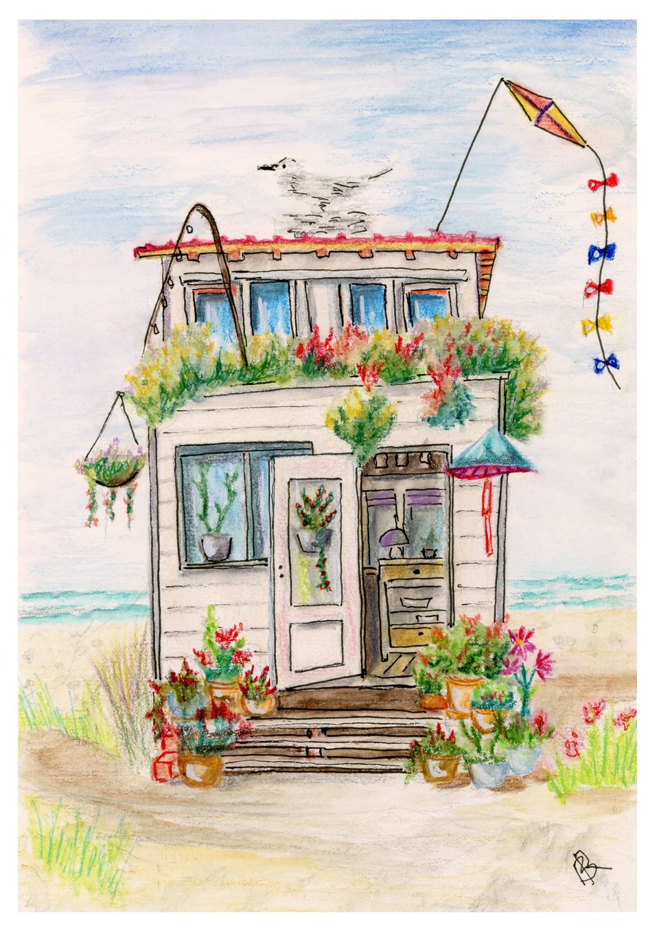A drawing of a beach house with a bird perched on the roof, surrounded by sand and ocean waves in the background.