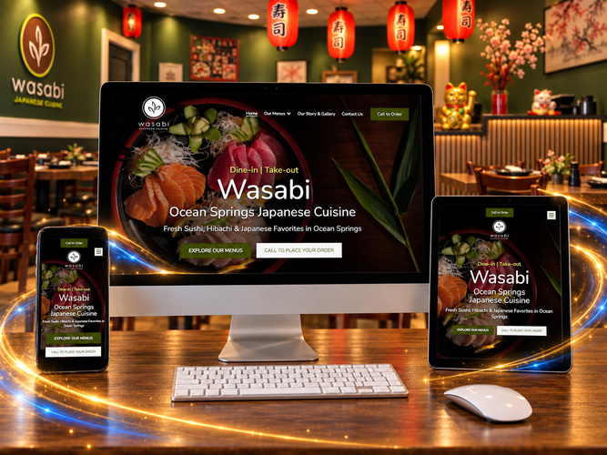 Wasabi Japanese Cuisine website displayed on a desktop, tablet, and phone