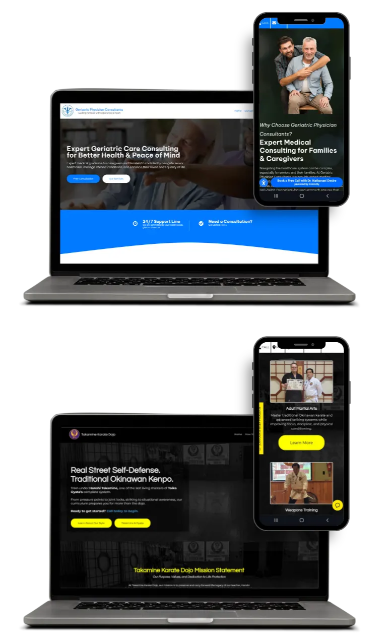 Examples of mobile-responsive websites by Cannone Marketing, showcasing designs for GPC Consultants (Medical Consulting Service) and Takamine Karate Dojo (Martial Arts School).