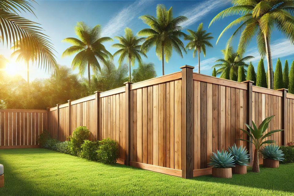 Dall·e 2025 02 19 14.07.10   a realistic image of a board on board wood fence  professionally installed in a sunny  florida themed backyard with green grass  palm trees  and a bri