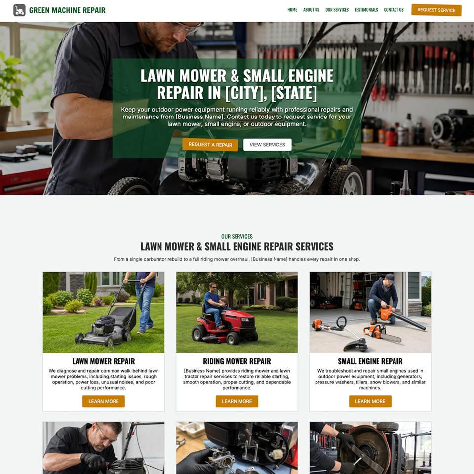 Mower engine repair website design theme