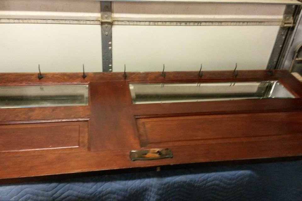 Repuposed interior door to coat hooks mirror
