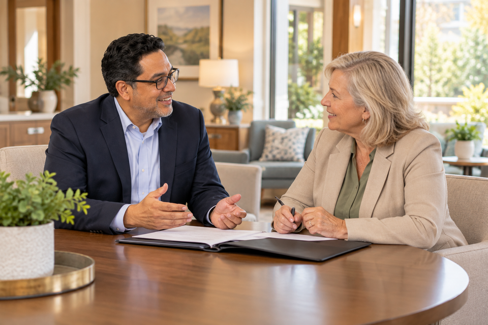 Brandon garcia of senior pathways group speaking with a senior care home owner about support for residential care facilities.