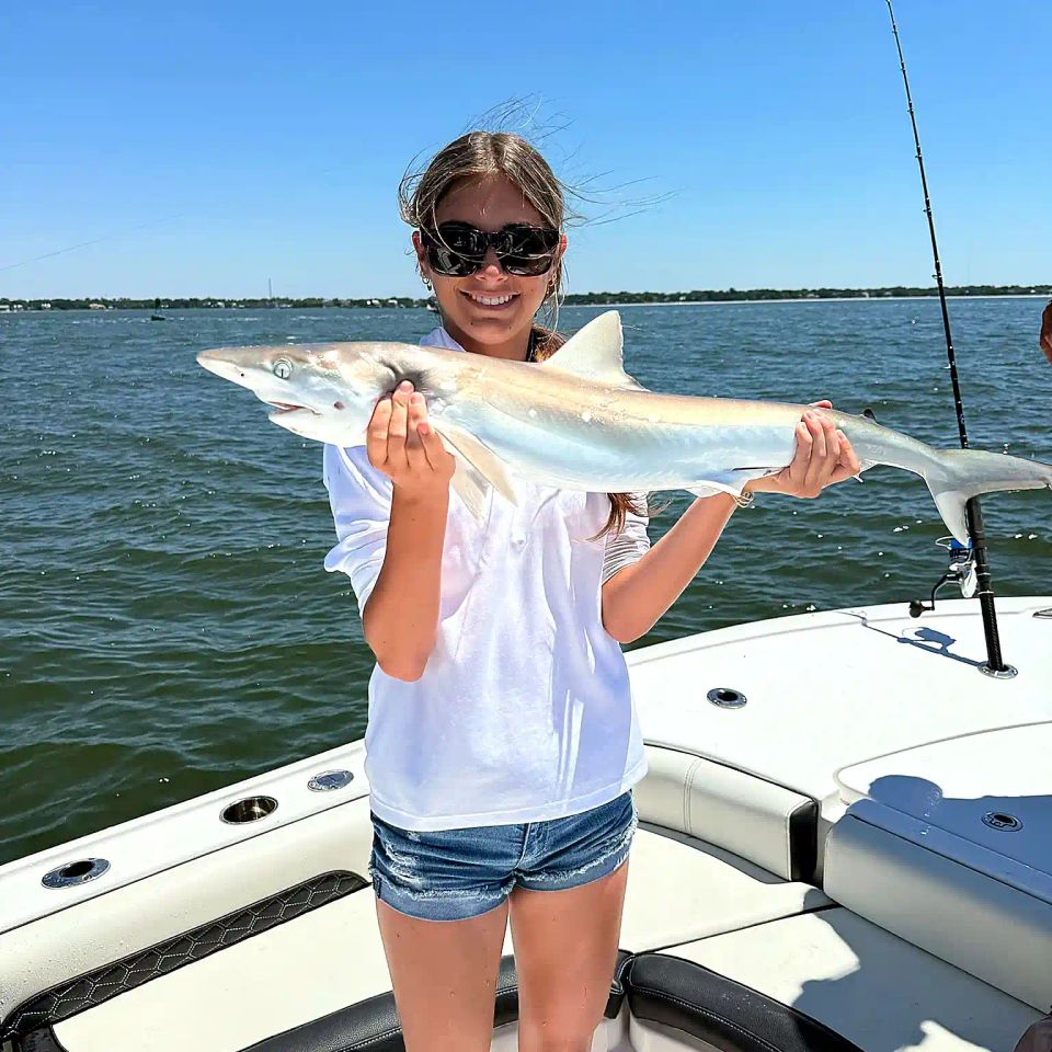 Girl holding a small shark on a Charleston shark fishing charter with LowCountry Coastal Excursions
