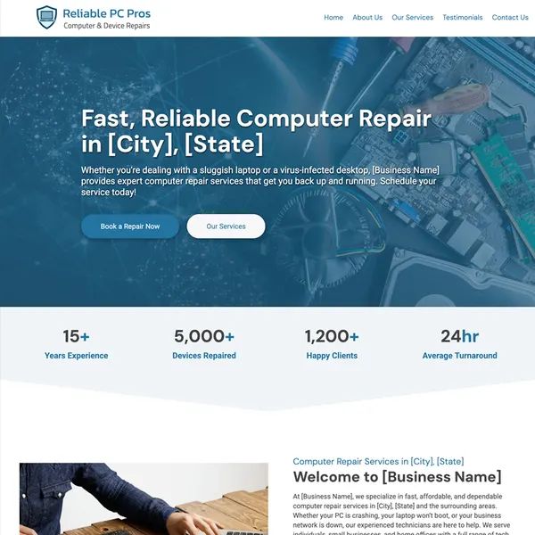 Modern computer repair business website layout featuring service highlights, customer trust elements, and online booking sections.