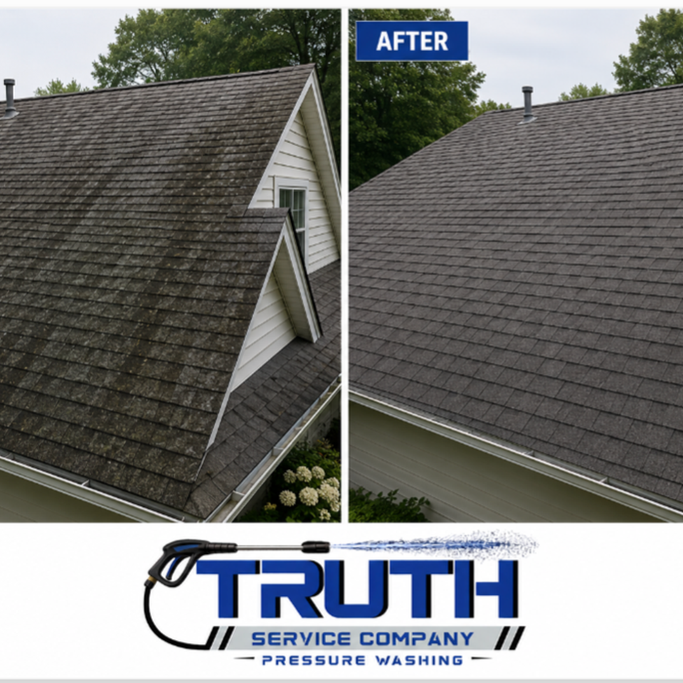 Before and after view of a shingled roof with a noticeable difference after cleaning.