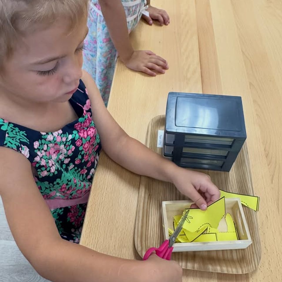 Preschool girl cutting paper shapes with scissors during a Montessori fine motor activity in Palmdale CA
