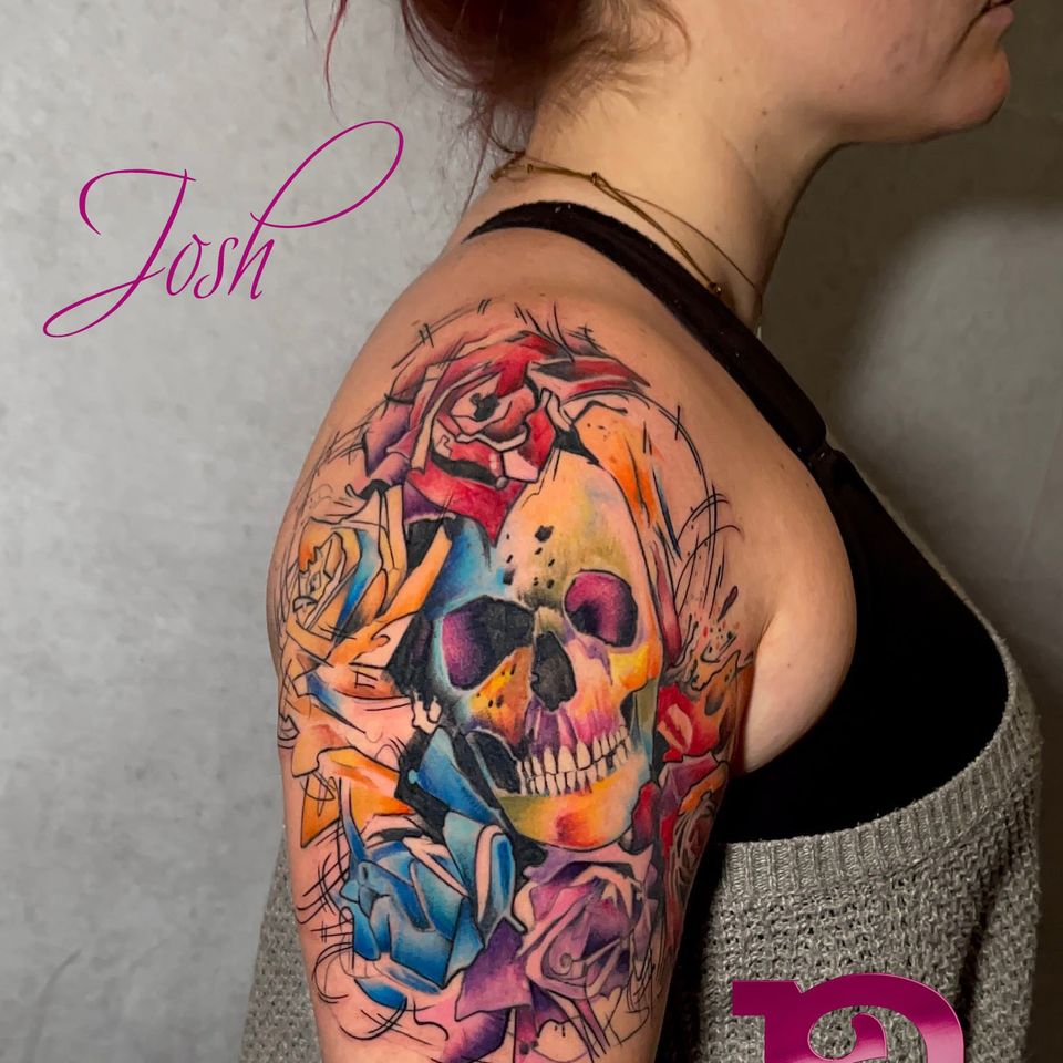 Josh watercolor skull roses 