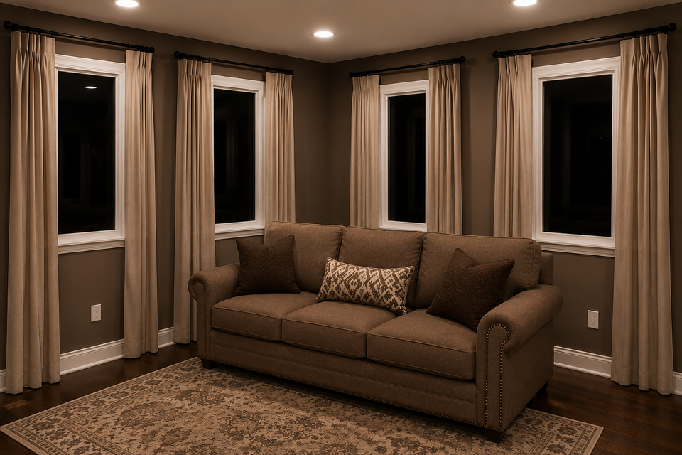 Freshly painted residential living room featuring warm brown walls, crisp white trim, recessed lighting, single-pane windows, and a comfortable sofa by Simply Professional Painting.