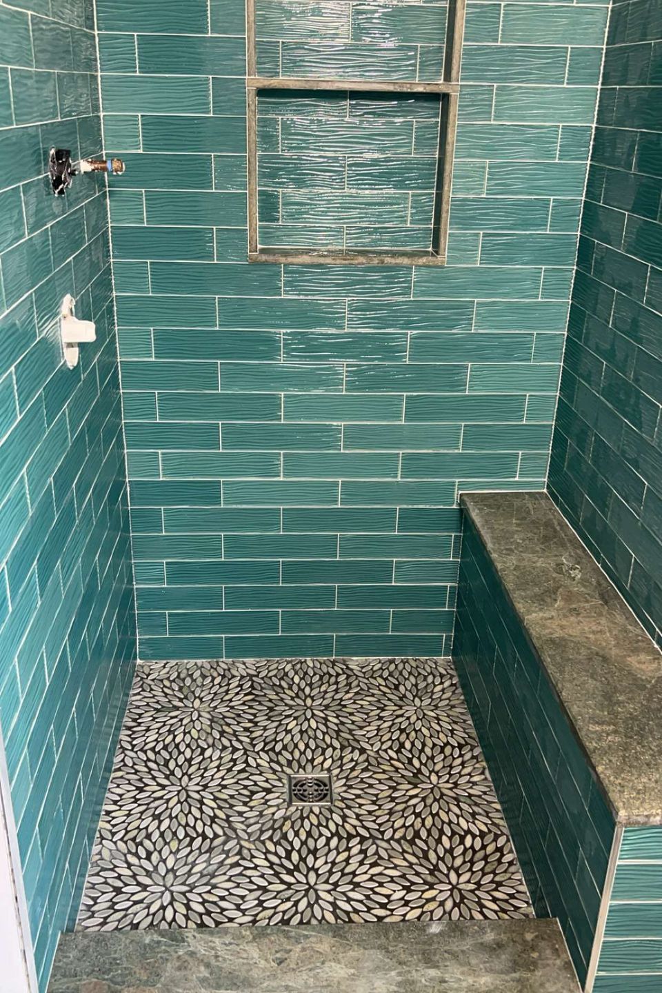Pearce photo blue green brick tile shower w bench