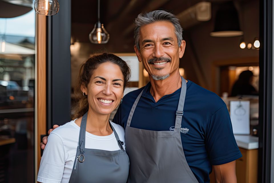 Vecteezy a man and a woman stand in aprons in front of a door 31514892