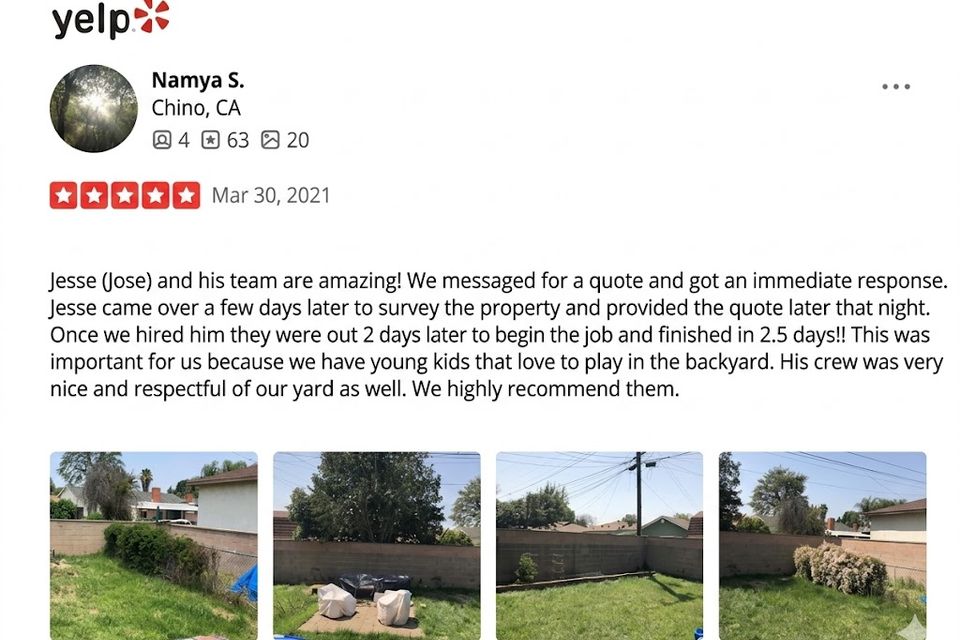 Yelp 5-star review showing completed backyard cleanup and landscaping project with before and after photos in Chino California.