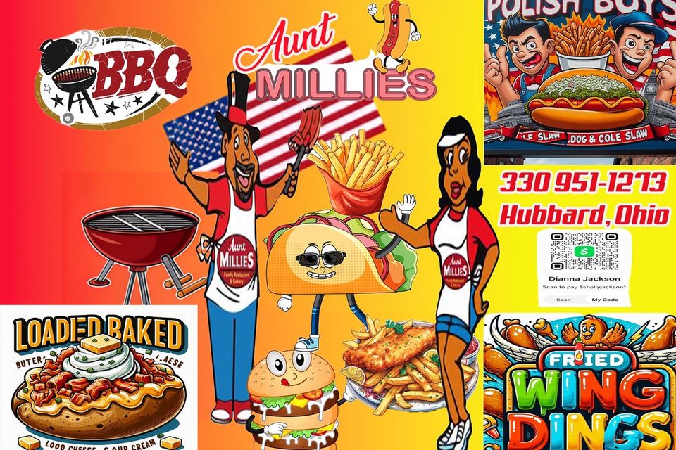Vibrant advertisement for Aunt Millie’s featuring illustrated food items, BBQ specialties, Polish Boys, loaded baked potatoes, fried wings, burgers, tacos, fries, contact information, and payment options.