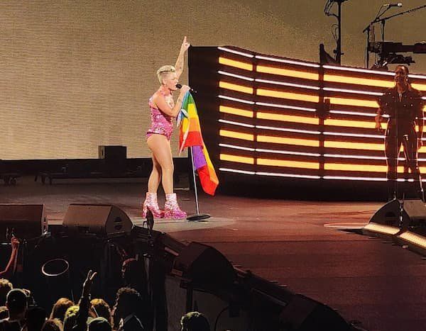 PINK in her sparkly get up singing holding a microphone with a rainbow flag on it 