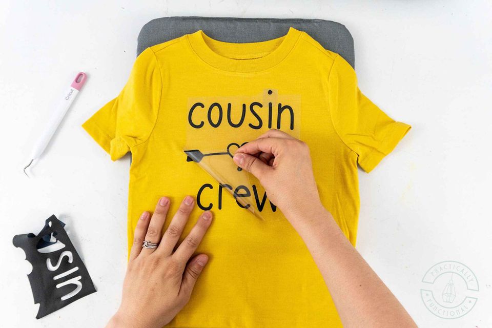 Peel away clear transfer sheet from heat transfer vinyl