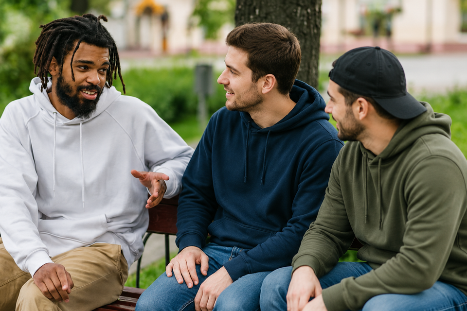 Friendly park bench conversation