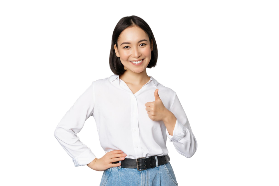 Image confident asian woman showing thumb up approval recommending like smth good standing white background