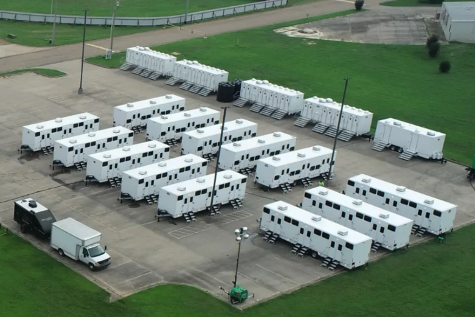 Bunk trailer providing on-site workforce housing at a mission critical job site in West Texas