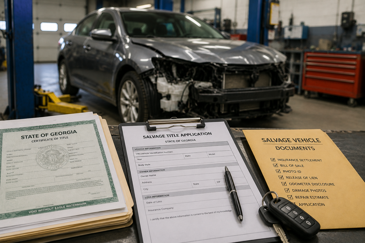 Georgia salvage title paperwork and retained total loss vehicle documents in a repair shop