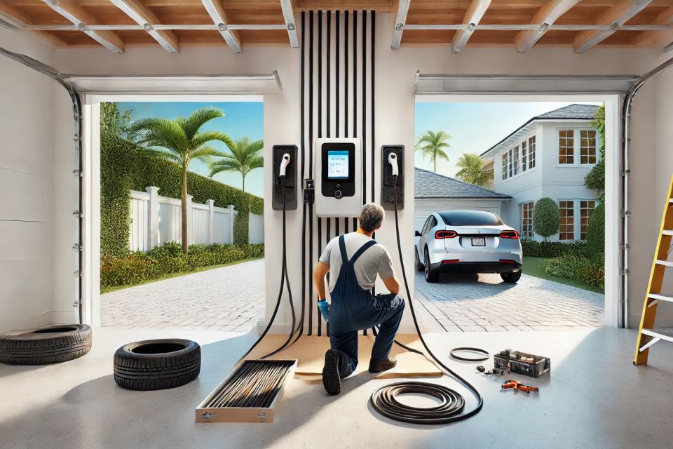 Dall·e 2025 01 28 11.51.50   an ev charger being installed in a residential garage of a modern florida house. the garage features a clean  bright look with white walls and tiled f