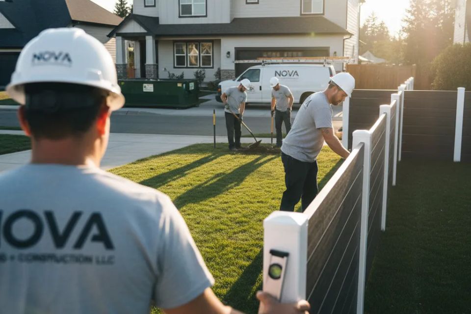 Nova Roofing + Construction LLC installation team using a professional level to align modern horizontal composite fence panels for a residential backyard privacy project.