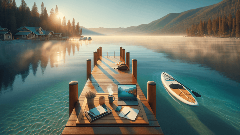 Working on a pier with a paddleboard afloat in the water next to it 
