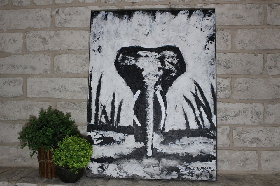 Elephant white and black acrylic painting artwork by artist Emily Albright