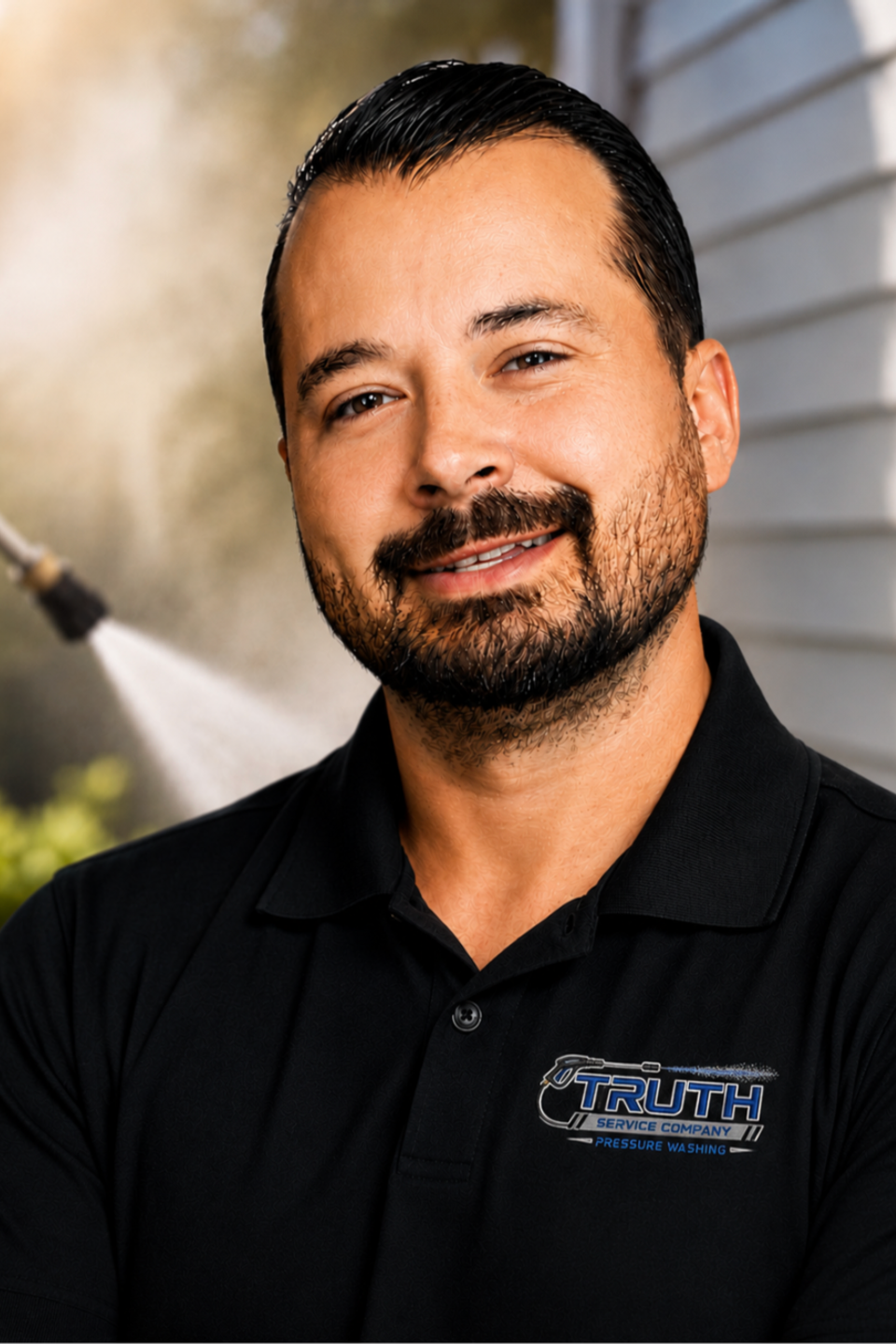 Portrait of Ron Hinderliter Jr., founder of The Truth Service Company, wearing a company polo shirt with a pressure washing scene in the background.