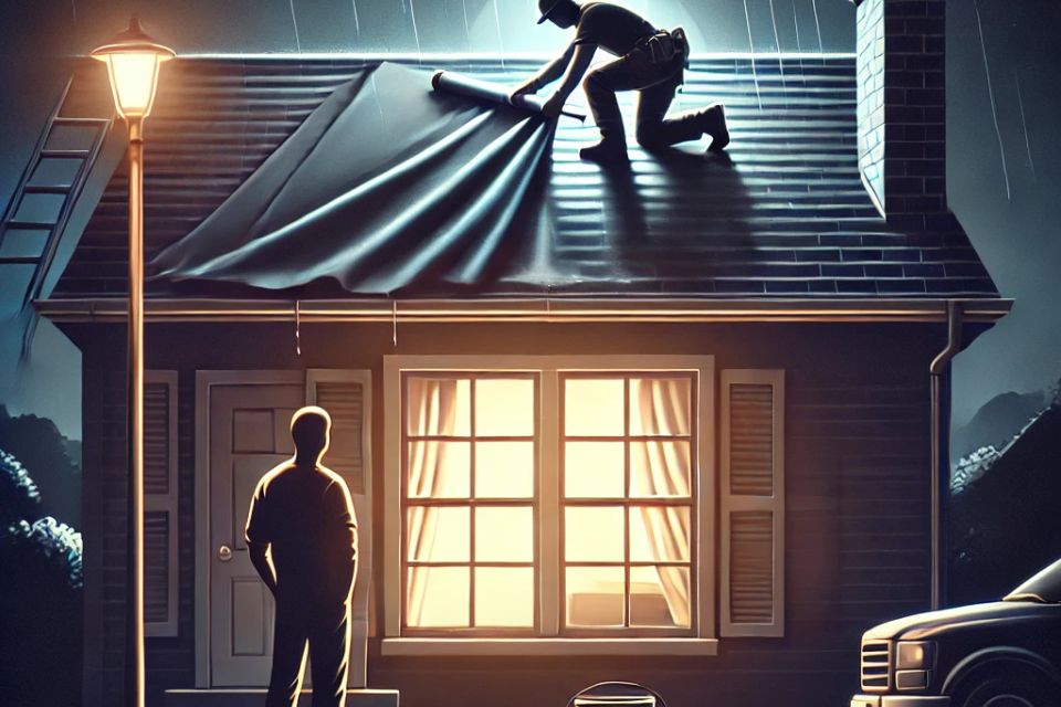 Dall·e 2024 09 04 21.46.08   a nighttime scene where a roofer is working under soft lighting  placing a tarp over a section of a roof to stop leaks. the homeowner watches from the