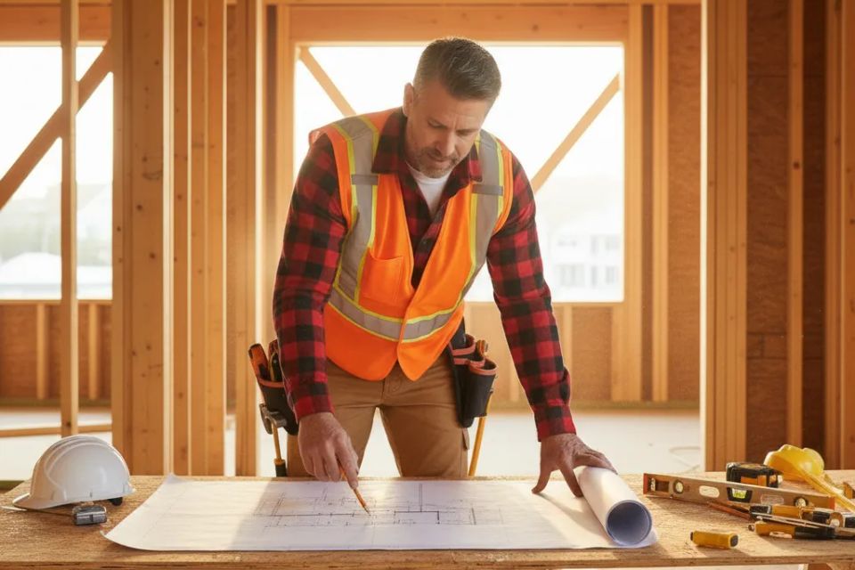 General contractor reviewing residential construction blueprints for home addition framing