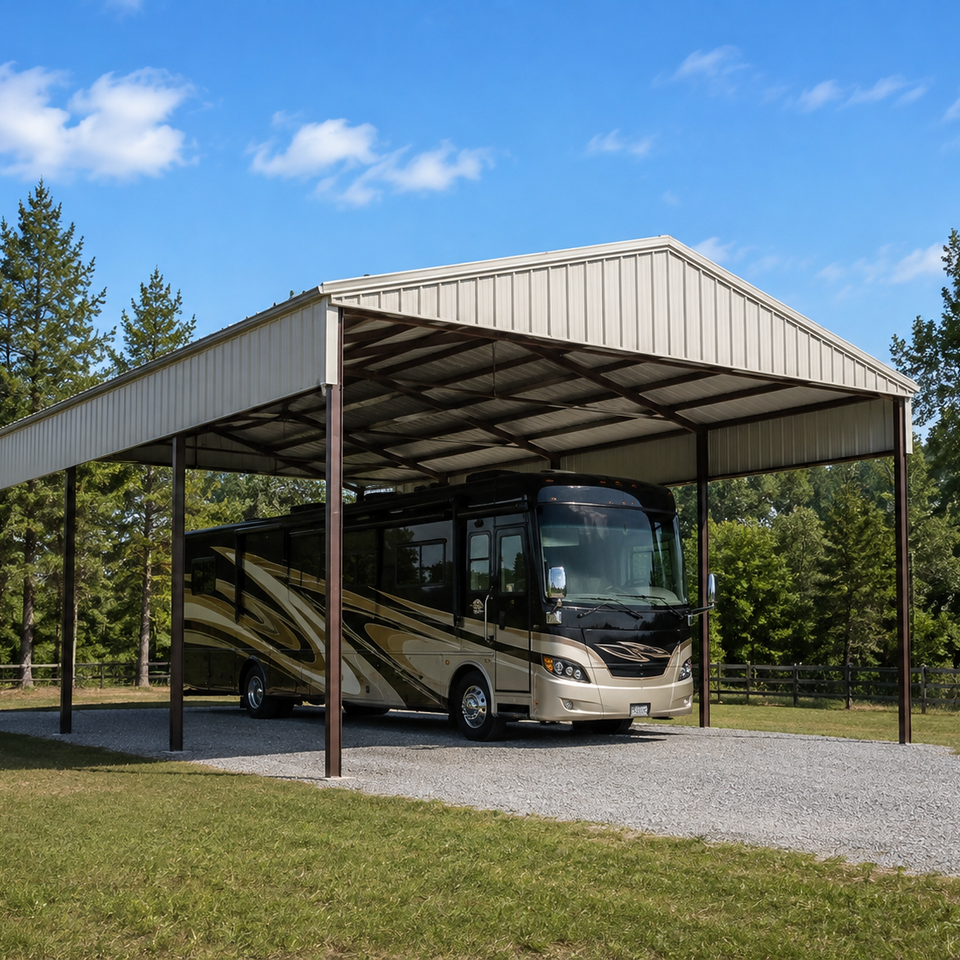 Steel RV cover with metal roof sheltering a motorhome on a gravel pad in Knoxville TN