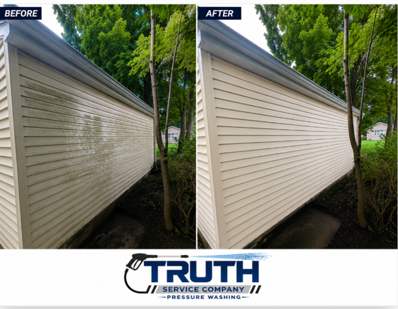 Before and after photos of house siding after pressure washing.