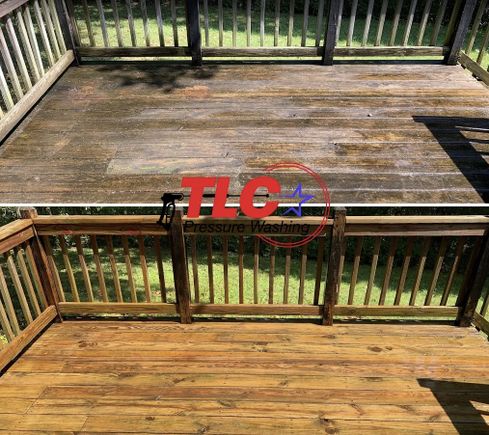 Wooden deck restoration before and after by Tanner at TLC Pressure Washing – safe low-pressure cleaning on a weathered Louisville deck