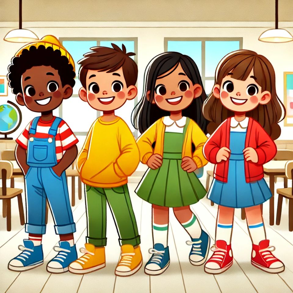 Dall·e 2025 02 03 00.07.14   a cartoon style illustration featuring four cheerful and diverse children standing in a playful line indoors. each child is dressed in vibrant clothin
