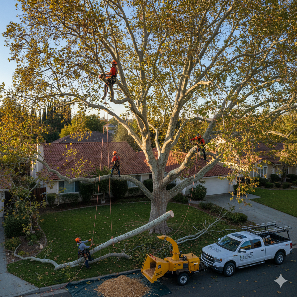 London Plane tree trimming and removal in a residential neighborhood with professional arborists using ropes, harnesses, and a wood chipper to safely dismantle a large deciduous tree.