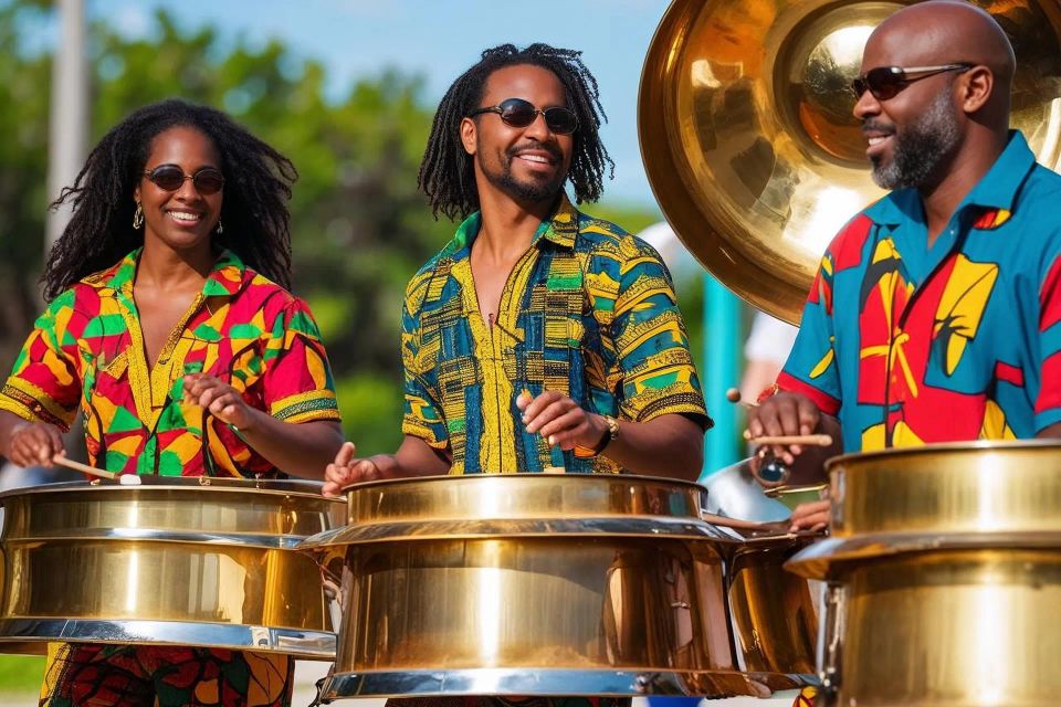 3 members of a caribbean steelpan band playing the steelpans original