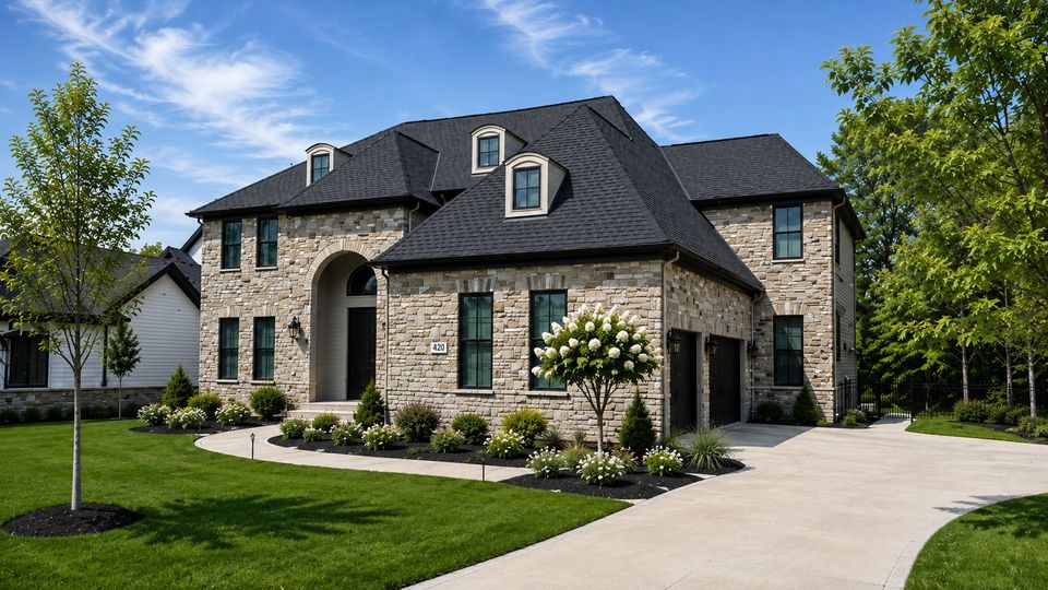 Garage view, stone exterior, custom-built home in Hudson, Ohio