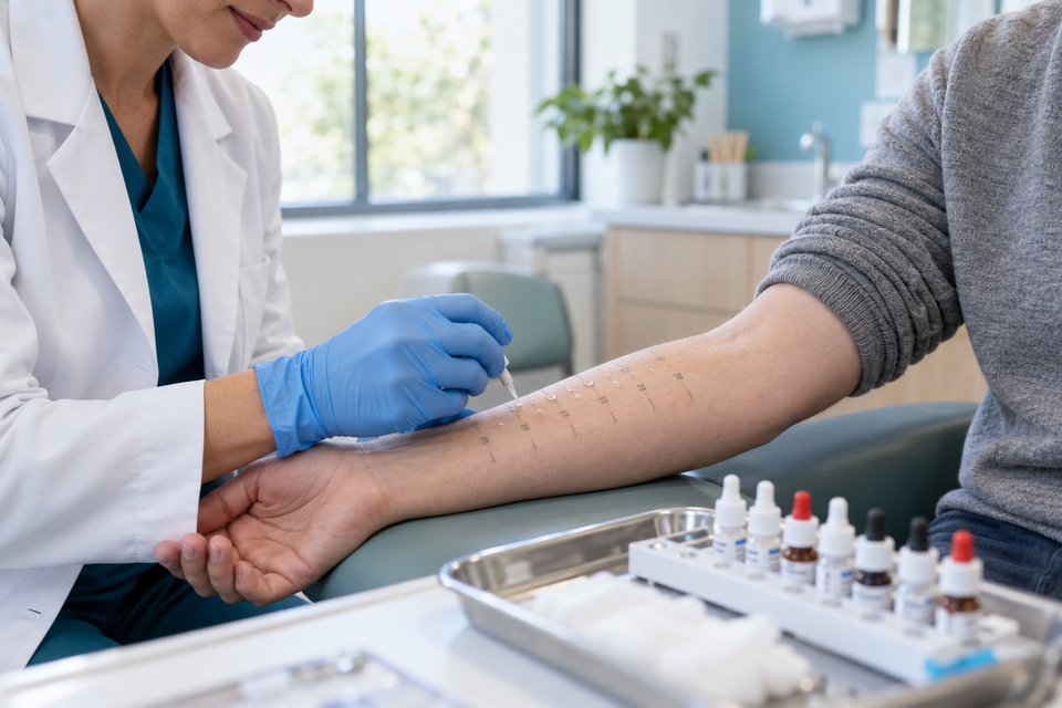 Allergist performing skin prick allergy testing