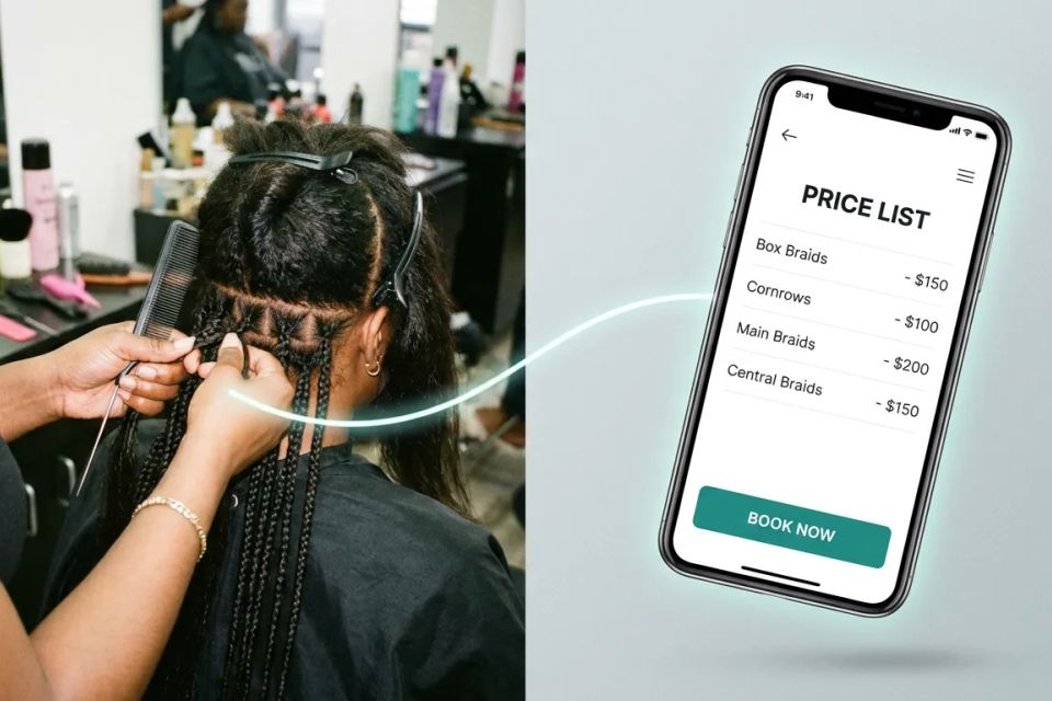 Professional hair stylist parting natural hair for box braids at a local salon/Mobile-friendly salon website displaying price list for box braids, cornrows, and main braids