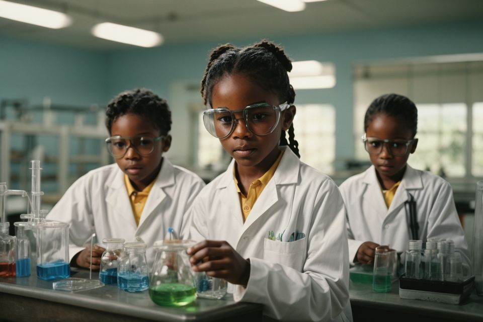 Photoreal jamaican children wearing lab coats and googles doin 2