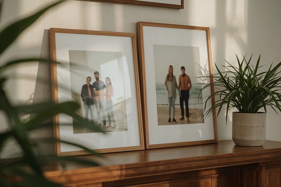 Lucid realism photorealistic photo of a pair of framed family photos with blurred abstract fig 2
