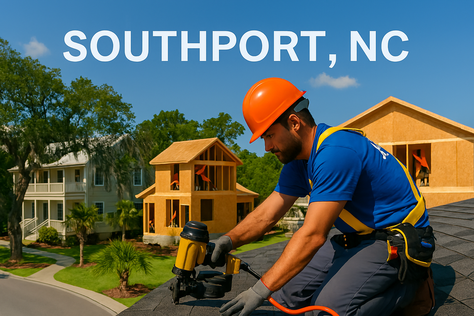 Nova Roofing employee installing shingles on Southport NC roof with crew decking new house frame nearby