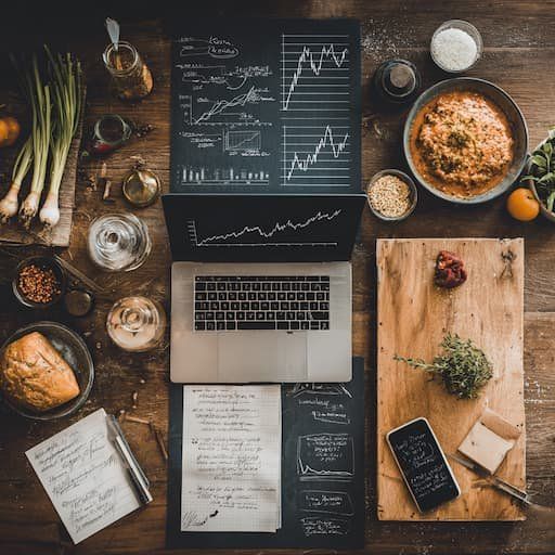 Overhead view of marketing statistics, laptop, and different ingredients of a restaurant 