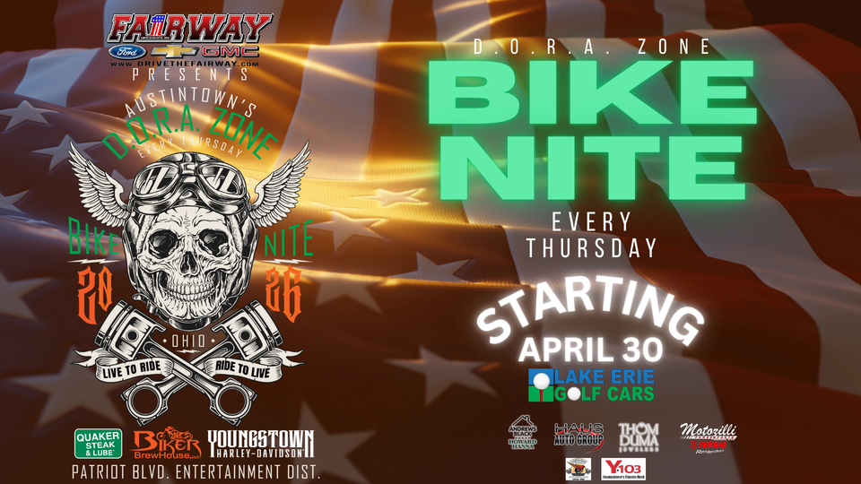 Promotional flyer for Bike Nite featuring motorcycle-themed graphics and event details for a weekly gathering.